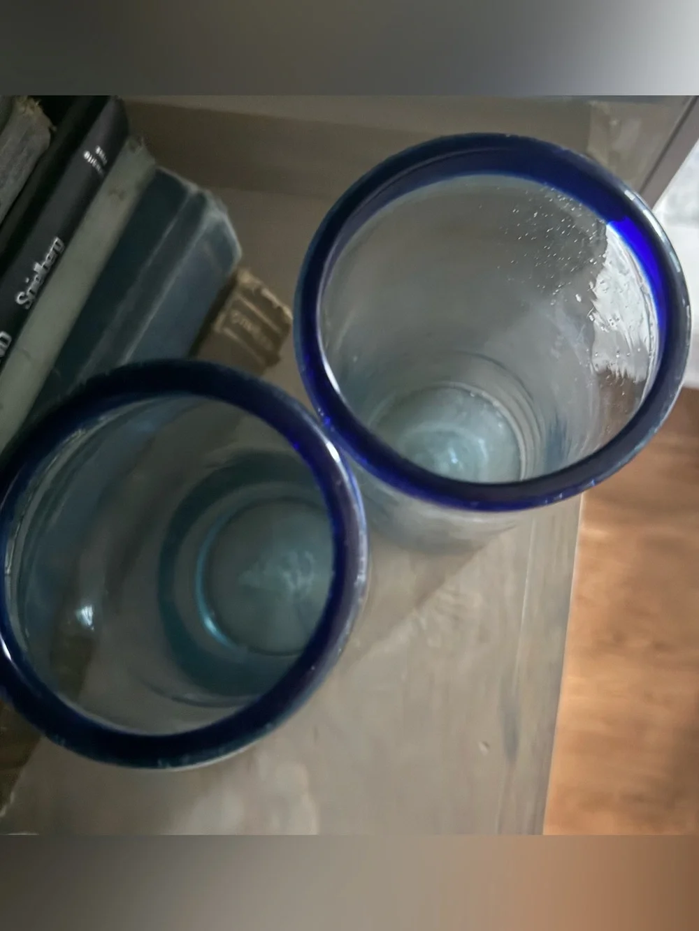 2 Thick Glass Cylinder Vases Clear with Blue Tint and Rim 7” Tall